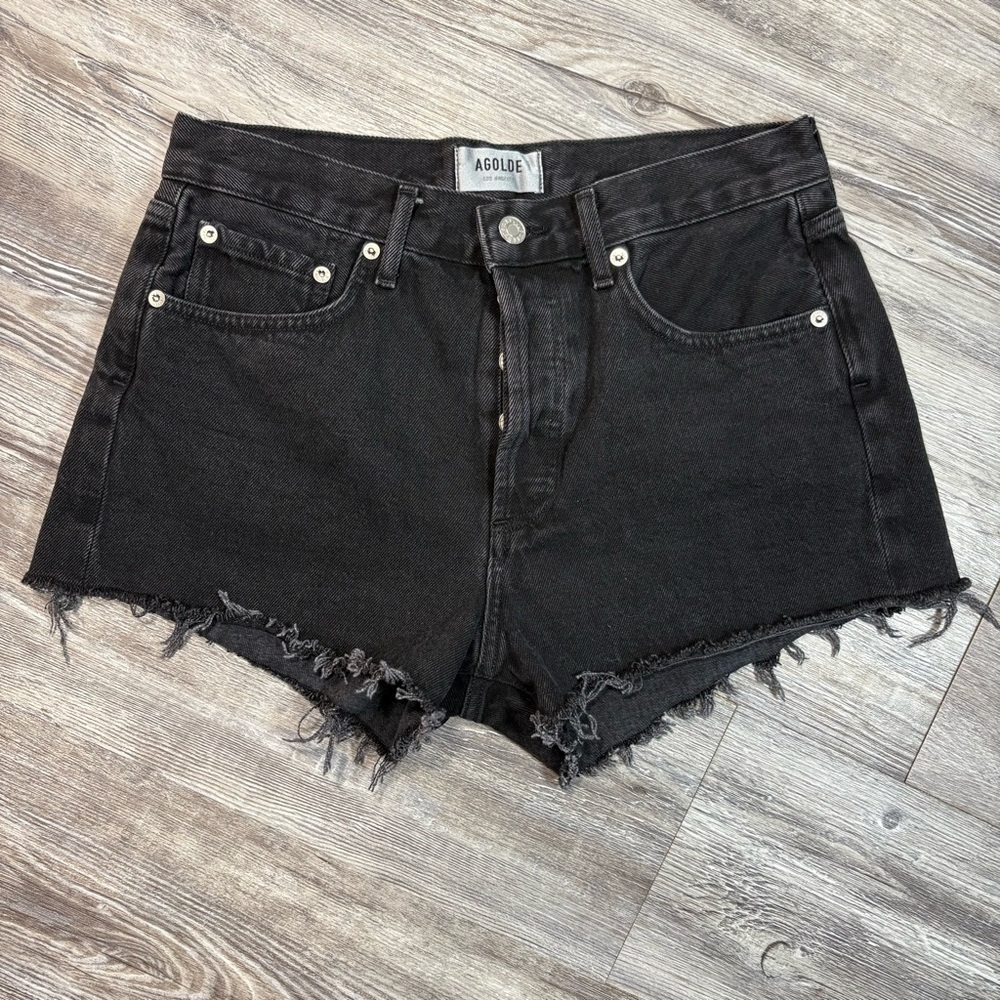 Agolde Parker Black Denim High-Rise Button Fly Raw Frayed Hem Shorts Size 26
